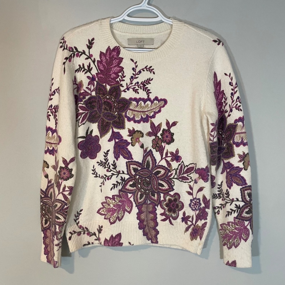 LOFT Womens Floral Paisley Soft‎ Knit Crewneck Sweater Purple White S Pullover